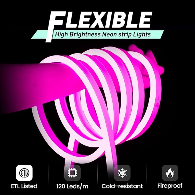 GZBtech Flexible LED Neon Rope Lights 66FT,AC 110-120V Waterproof Strip Light, 120 LEDs/M Cuttable Connectable Neon Lighting for Indoor Outdoor Home Decor/Commercial Building Use-Pink 20M-Ruum Studio Home