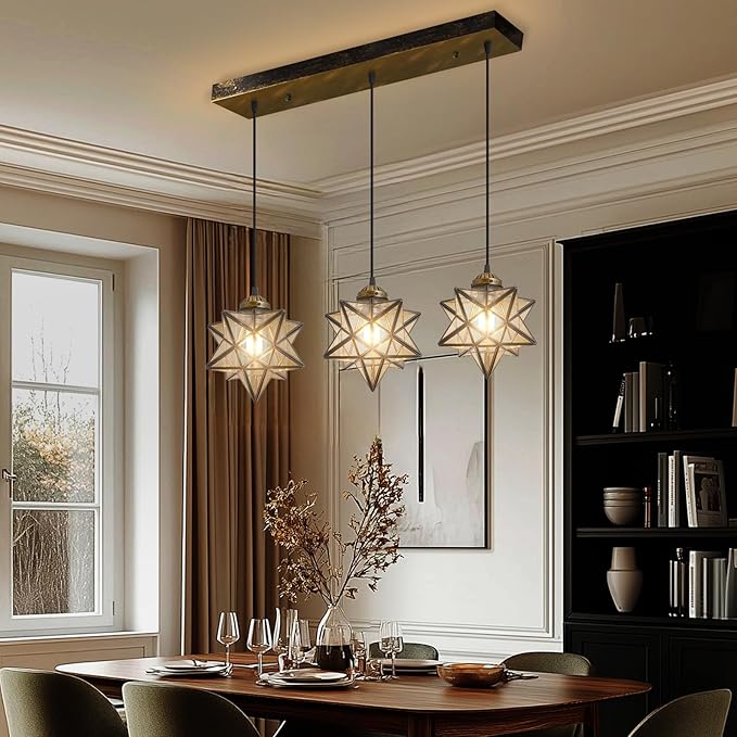 Glam Chandelier 3 Lights Glass Star Pendant Lights for Dining Table Kitchen Island Modern Ceiling Hanging Lights Included LED Warm Light Bulbs Oiled Bronze-Ruum Studio Home