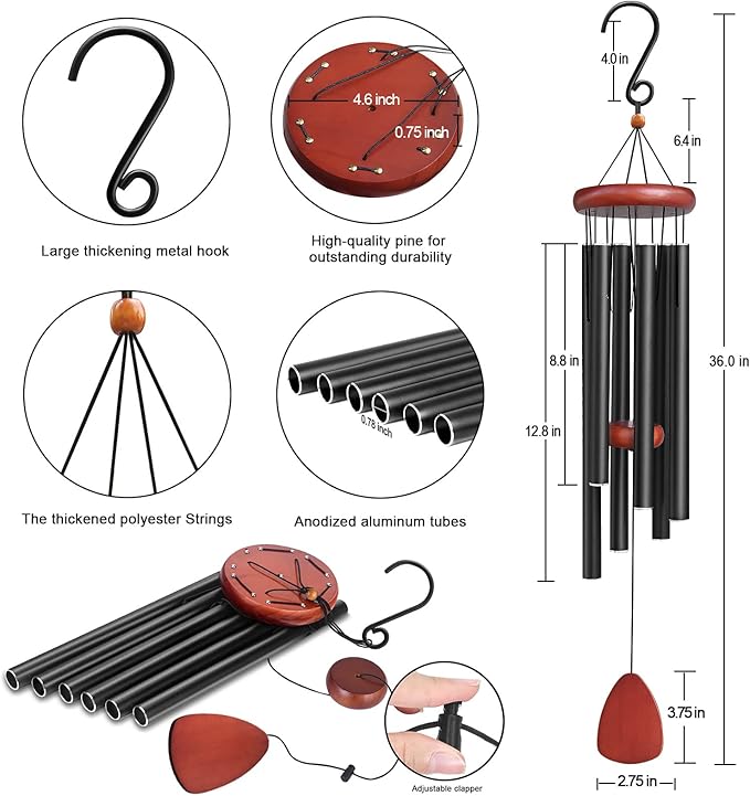 Large Aluminium Wind Chimes Outside, Soothing Melodic Memorial Sympathy Wind Chime, Suitable Outdoor Garden Decor, Gift for Mom Women Neighbors (Black Wind Chimes-36 in)-Ruum Studio Home