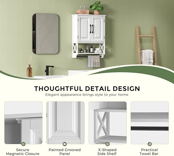 Bathroom Cabinet Wall Mounted, White Bathroom Wall Cabinets with Towel Bar and 2 Doors, Wooden Medicine Cabinet with Adjustable Shelf, Open Storage-Ruum Studio Home