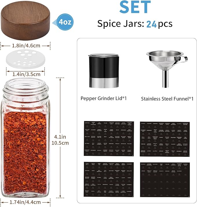 Yangbaga 24Pcs Glass Spice Jars with Labels-4OZ Wood Lid Square Spice Containers with Pepper Grinder Lids &Funnel,Seasoning Jars for Rack Cabinet Drawer-Ruum Studio Home