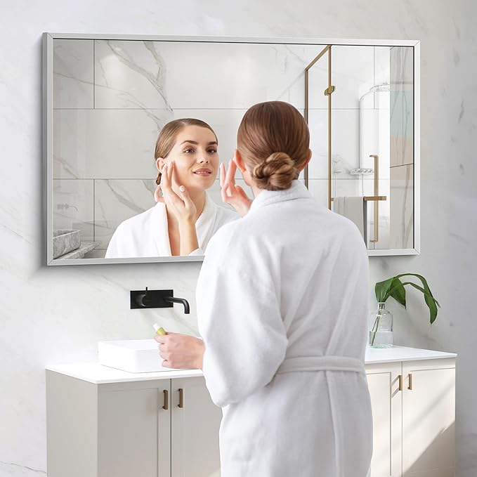 Silver Bathroom Mirror for Wall, 30x48 Inch Rectangle Mirrors with Metal Frame, Modern Vanity Wall Mirror Decor for Bathroom Living Room, Entryway Hangs Horizontal or Vertical-Ruum Studio Home