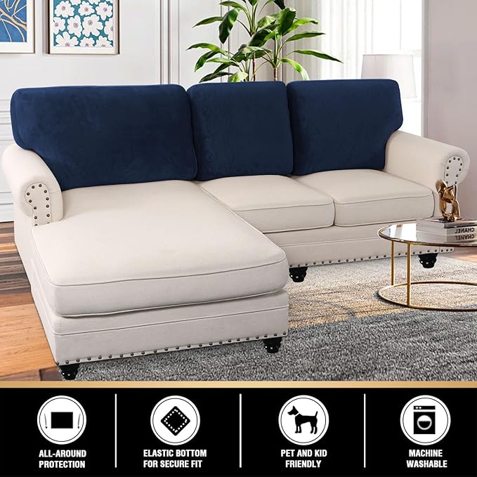 PrinceDeco Sectional Couch Covers Velvet Cushion Covers for Sectional Couch Cushion Covers for Sectional Sofa Separate Sectional Sofa Slipcovers Washable(1 Chaise Back+ 2 Sofa Back,Navy)-Ruum Studio Home