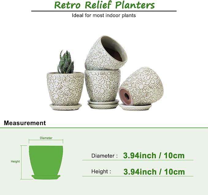 4 Inch Mini Plant Pots, Ceramic Succulent Planter with Drainage Hole and Saucers for Indoor Plants, Small Garden Pots for Succulent, Herb and Flower, Set of 4-Ruum Studio Home