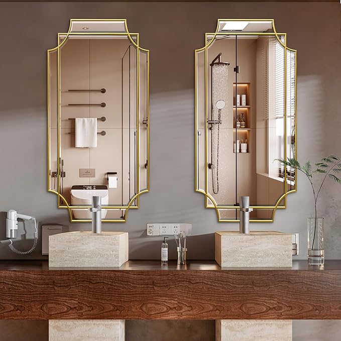 Wall Mirror Full Length, 47" x 24" Gold Framed Full Body Mirror, Scalloped Beveled Polished Decorative Mirrors, Large Rectangle Irregular Wall Mirror for Bathroom/Bedroom/Living Room/Entryway-Ruum Studio Home