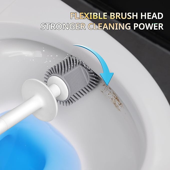 Silicone Toilet Brush and Holder Set with L-Shaped Brush Head, Wall Mounted Toilet Brush Set with Long Non-Slip Handles, Compact Toilet Bowl Cleaner Brush Suitable for RV Trailers & Bathroom (1 Pack)-Ruum Studio Home