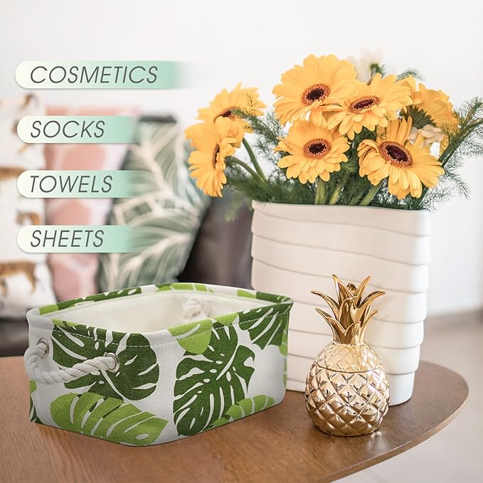 Organization and Storage Basket for Shelves - Small 6 Pack Fabric Storage Bin Collapsible Baskets for Organizing with Handle for Cloth Decorative Laundry Canvas (Banana Leaf 12x8x5.2 inch)-Ruum Studio Home