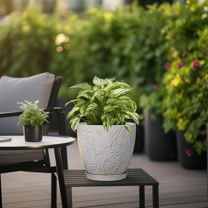 8 Inch Ceramic Pots for Plants Large Planter Pot with Drainage Hole and Saucer Round Flower Pot for Indoor Outdoor Decor, White-Ruum Studio Home