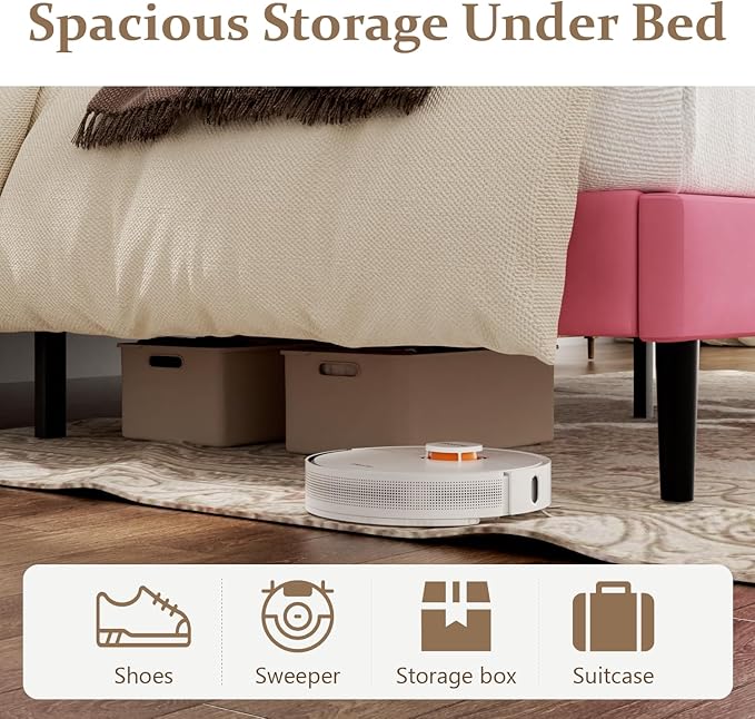 King Size Bed Frame with Headboard, Platform Bed Frame with Velvet Upholstered Button Tufted Headboard, Wood Slats Support, No Box Spring Needed, Mattress Foundation, Easy Assembly, Pink-Ruum Studio Home