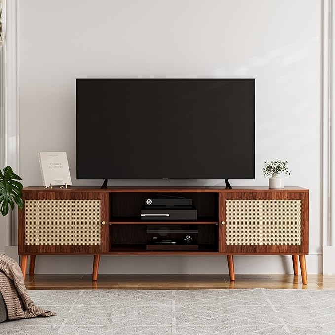 TV Stand for TVs up to 65'', Entertainment Center With Rattan Door, Shelves & 2 Cabinets, Long Boho Media Console for Living Room, Walnut-Ruum Studio Home