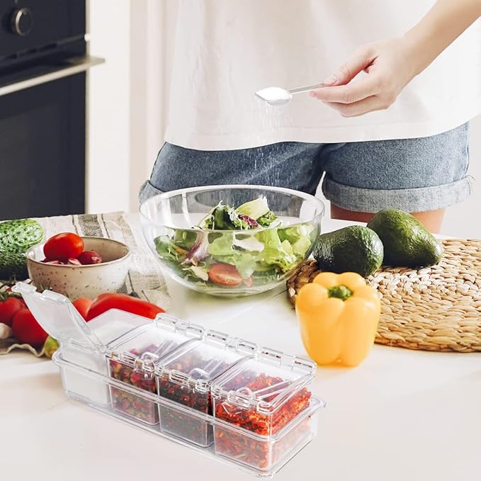 Clear Seasoning Box 4 PCS/Set, Acrylic Seasoning Rack Seasoning Storage Container Condiment Jar Spice Box Spice Jar Spice Pot Spice Rack with Spoon & Lid & Tray for Salt Pepper Sugar (#A)-Ruum Studio Home