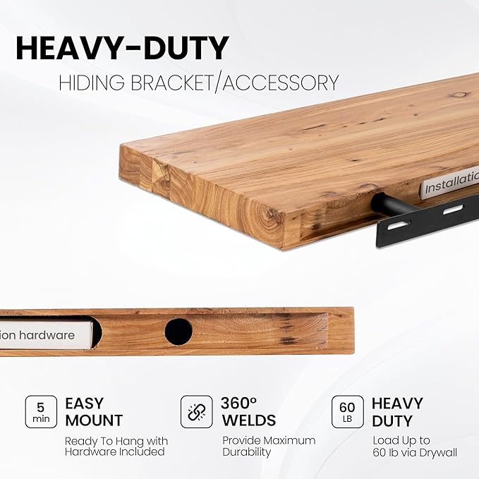 Floating Shelves for Wall, 36"x9.3" Rustic Solid Live-Edge Elm Wood Wall Shelves, Heavy-Duty Floating Shelves with Invisible Brackets, Set of 2 for Living Room, Bedroom, and Kitchen, Natural Finish-Ruum Studio Home