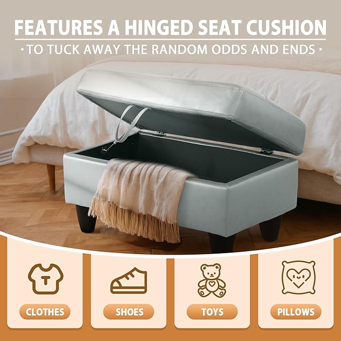 Ottoman Rectangular Storage Ottoman Bench, Faux Leather Footrest, Coffee Table, Stool Footstool with Hinged Lid for Living Room, Bedroom, Entryway, Gray, 35"x23.5"x17.5"-Ruum Studio Home