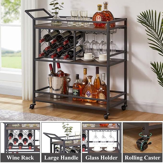 FATORRI Bar Cart for The Home with Wine Rack and Glasses Holder, Small Home Bar Serving Cart on Wheels for Liquor and Alcohol (Walnut Brown)-Ruum Studio Home