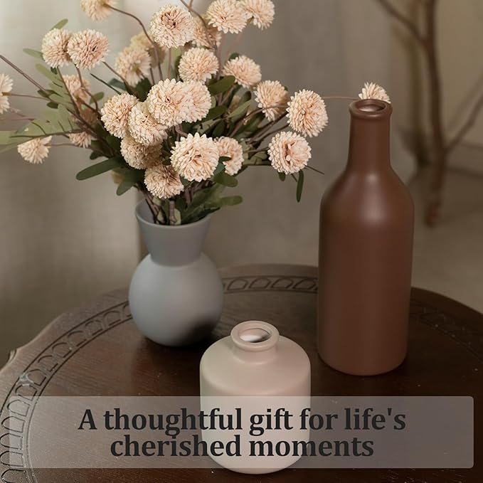 Fake Flowers in Vase for Centerpieces, Faux Flowers in Modern Ceramic Vase Set of 3 with 8 Artificial Autumn Chrysanthemums Home Decor-Ruum Studio Home