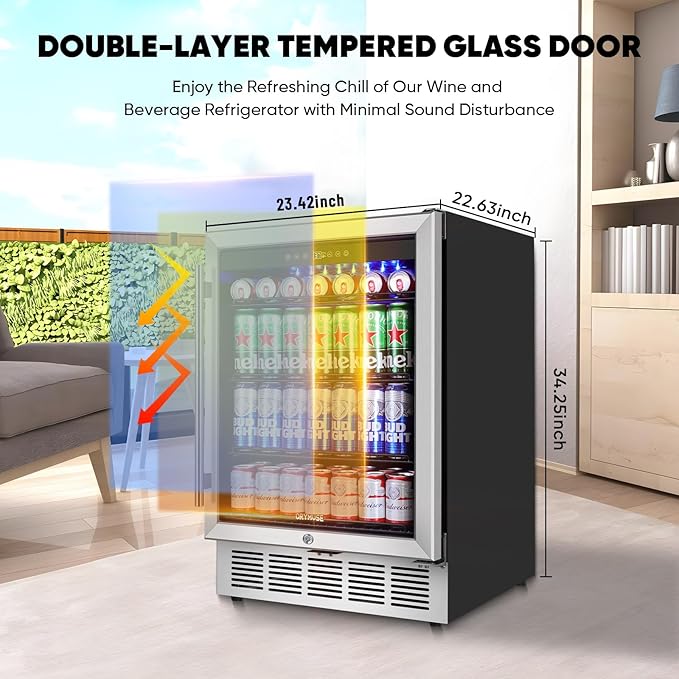 24" Beverage Refrigerator & Cooler, 180 Cans Under Counter Fridge with Lock, Glass Door & Powerful Cooling Compressor - Quiet, Built-in/Freestanding Drink Fridge-Ruum Studio Home