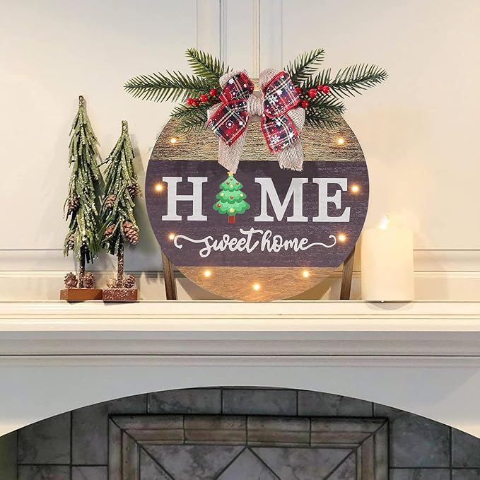 Interchangeable Seasonal Welcome Sign Front Door Decoration with 4 Seasonal Wreaths and LED Light, Rustic Round Wood Wreaths Wall Hanging Outdoor, Farmhouse Front Door Decoration Home Décor-Ruum Studio Home