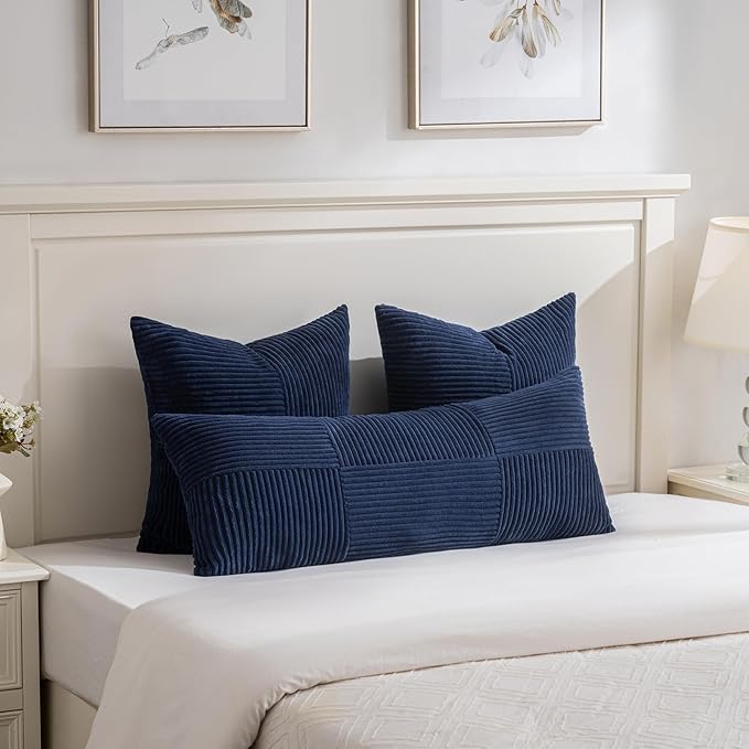 Fancy Homi 2 Packs Navy Blue Decorative Throw Pillow Covers 20x20 Inch for Living Room Couch Bed Sofa, Rustic Farmhouse Boho Home Decor, Soft Corss Corduroy Patchwork Accent Cushion Case 50x50 cm-Ruum Studio Home