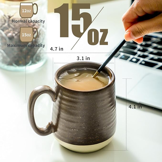 Hasense Coffee Cups Set of 6, 15 oz Stoneware Coffee Mugs with Big Handles, Modern Tea Cup for Indoor and Outdoor for Cocoa, Milk, Tea, Hot Chocolate, Soup, Valentine's Day Gifts, Brown-Ruum Studio Home