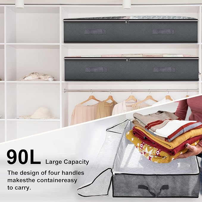 4 Pack Under Bed Storage, 90L Collapsible Closet Containers Organizers and Under Bed Storage Bins, Underbed Storage Bags for Wrapping Paper, Blanket, Towels, Clothes, Comforter, Sweaters, Linen Sheet-Ruum Studio Home