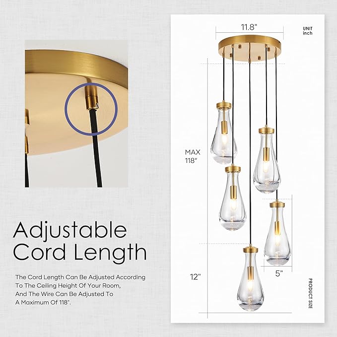 5-Light Raindrop Pendant Light Fixtures, Brass Glass Pendant Lighting, Teardrops Modern Hanging Light for Entryway Foyer Kitchen Island Dining Living Room Hallway-Ruum Studio Home