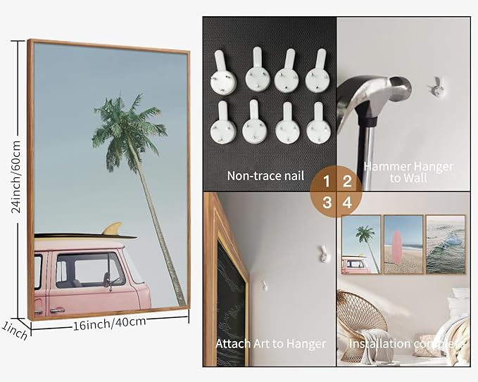 Tinonedraw Large Ocean Beach Framed Canvas Wall Art, Summer Coastal Surfboard Wall Decor, Palm Tree Pink Car Artwork, Modern Surfing Seascape Art Prints for Living Room Bedroom Office 16"x24"x3-Ruum Studio Home