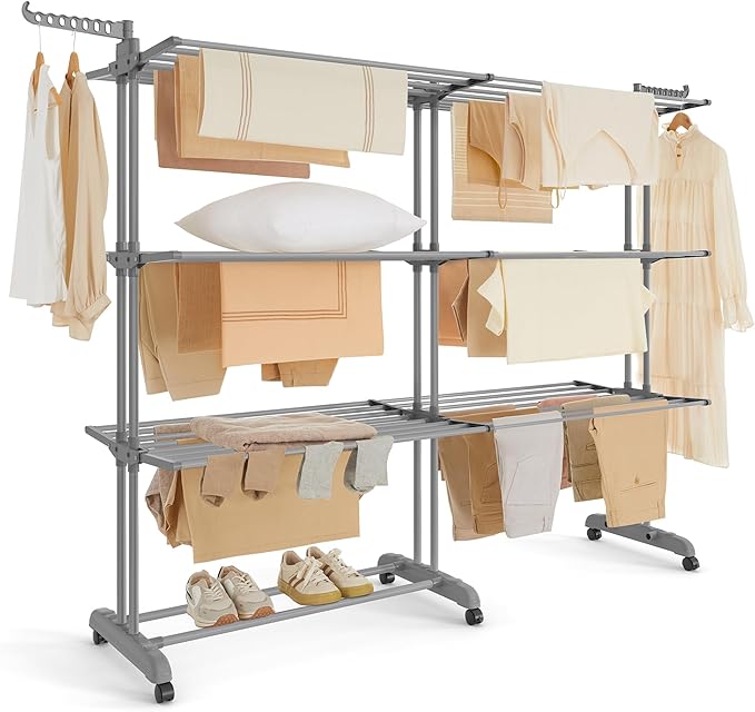 SONGMICS Clothes Drying Rack 4-Tier, Foldable Laundry Drying Rack 69.9-Inch Tall, Extendable Rods, Stainless Steel, Rolling Clothes Horses, Clothes Airer, Indoor Outdoor Use, Dove Gray ULLR704G01-Ruum Studio Home
