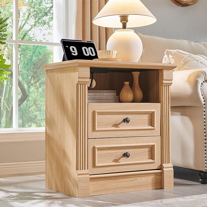26" Tall Farmhouse Nightstand, 2 Drawers End Table w/Charging Station, 23.6" Wide Large Side Table w/Roman Column, Wood Rustic Sofa Table w/Open Shelf, Bedside Table for Bedroom, Natrual-Ruum Studio Home