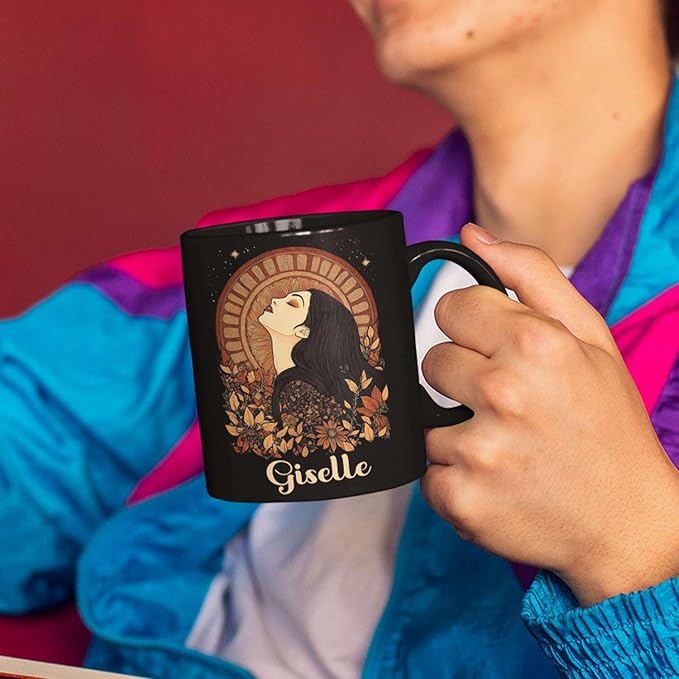 Elegant Woman Coffee Mug with Custom Name, Autumn Themed Ceramic Cup 11oz 15oz, Unique Fall Inspired Black Mug for Women, Personalized Women's Day Coffee Cup, Gifts for Holiday-Ruum Studio Home