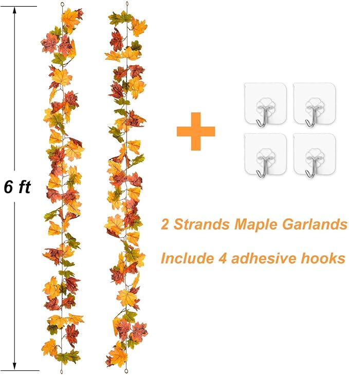 Lvydec 2 Pack Maple Leaves Fall Garland Clearance - 6ft/Strand Artificial Fall Foliage Garland Colorful Autumn Decoration for Home Wedding Party Thanksgiving-Ruum Studio Home