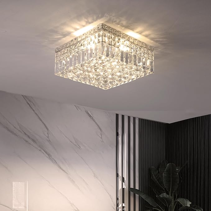 4-Lights Modern Flush Mount Ceiling Light Fixtures,Elegant Crystal Chandelier Pendant Ceiling Lamp for Bedroom,Living Room,Dining Room,Hallway H5.9 x W13.7 x L13.7 (Bulbs Not Included) Square-Ruum Studio Home