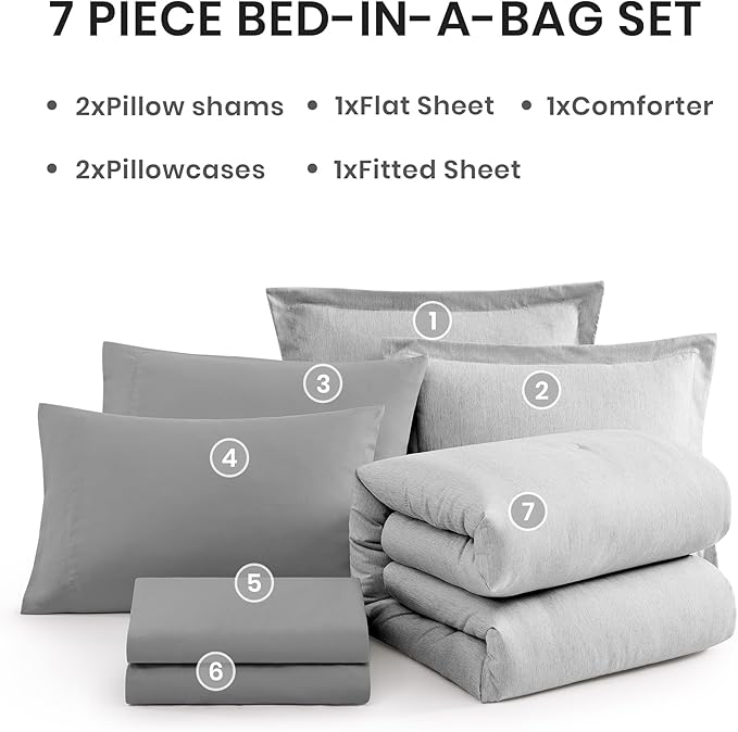 Monbix King Size Comforter Set, Grey Bed Set Reversible, King Size Comforter Set 7 Pieces, Cationic Dyeing Bed in a Bag with Comforter, Sheets, Pillowcases & Shams-Ruum Studio Home
