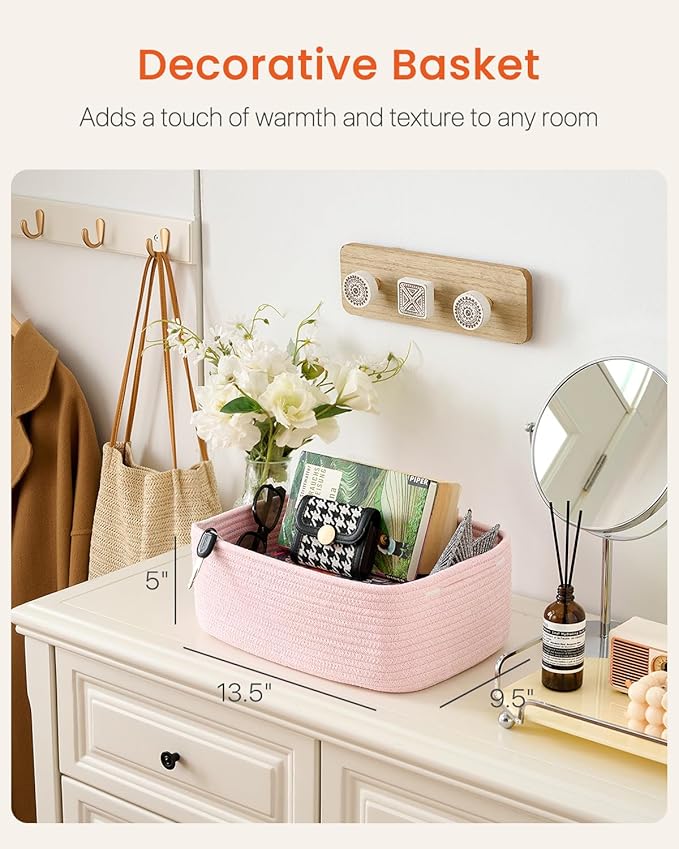 KALLAX Small Woven Basket, 13.5 x 9.5 x 5 Inches, Storage Basket for Organizing, Cute Small Rope Shelf Closet Cube Storage Bins Baskets for Shelves, Dog Toy Gift Baskets Empty, 3 Pack Light Pink-Ruum Studio Home