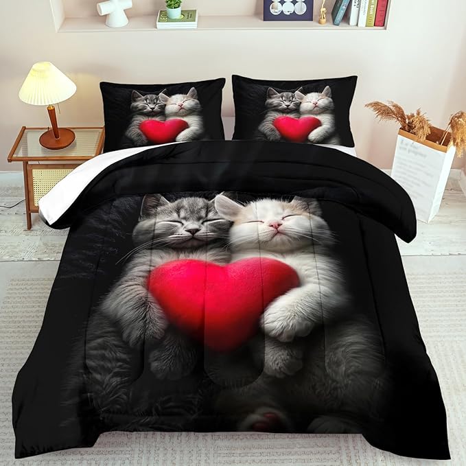 Cute Cat Comforter Set Twin,Kawaii Cat Bedding Set for Girls,Cute Animal Comforter Red Love Heart Bedding Decor,Kawaii Farm Animal Quilt Patterns Kids and Adults-Ruum Studio Home