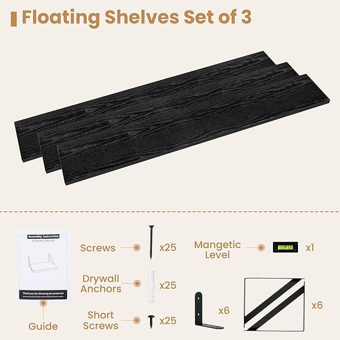 Heimlove 48 Inch Large Floating Bookshelves Set of 3,Black Wall Mounted Bookshelves,Heavy Duty Wooden Shelves for Living Room,Bedroom,Kitchen,Laundry Room Storage & Decor-Ruum Studio Home