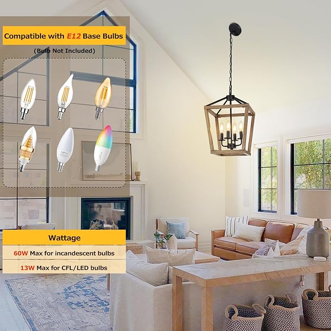 4 Light Farmhouse Chandelier, Rustic Ceiling Light Lantern Light Fixture with Wood Painted Metal Cage and Adjustable Chain, E12 Base Geometric Hanging Light Fixture for Entryway, Kitchen, Indoor-Ruum Studio Home
