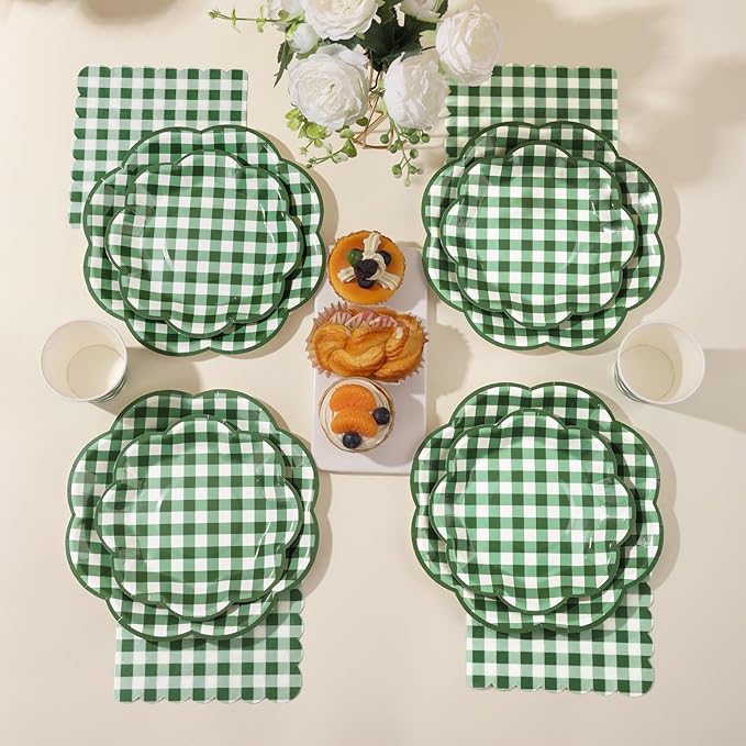 350 Pcs Green Gingham Plates and Napkins Party Supplies - Green and White Checkered Plates Sets Serve 50 Guests - Scalloped Gingham Paper Plate for Birthday Picnic BBQ Golf Party Decorations-Ruum Studio Home