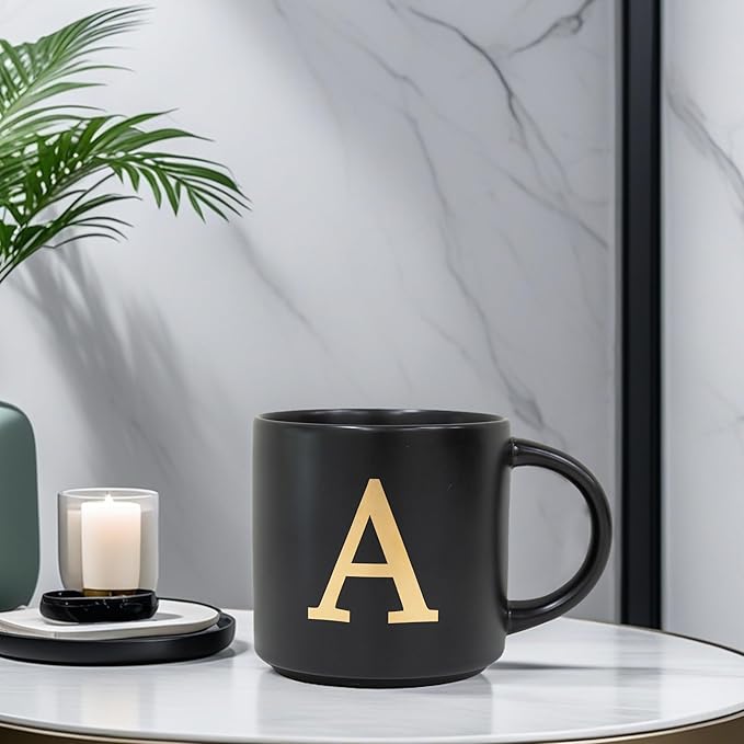 COLLECTIVE HOME - Monogram Ceramic Mugs, 15 oz Golden Initial Black Coffee Cups, Elegant Alphabet Tea Mugs, Elegant Personalized Mug with Gift Box, Unique Mug with Double Side Capital Lette (A-1)-Ruum Studio Home
