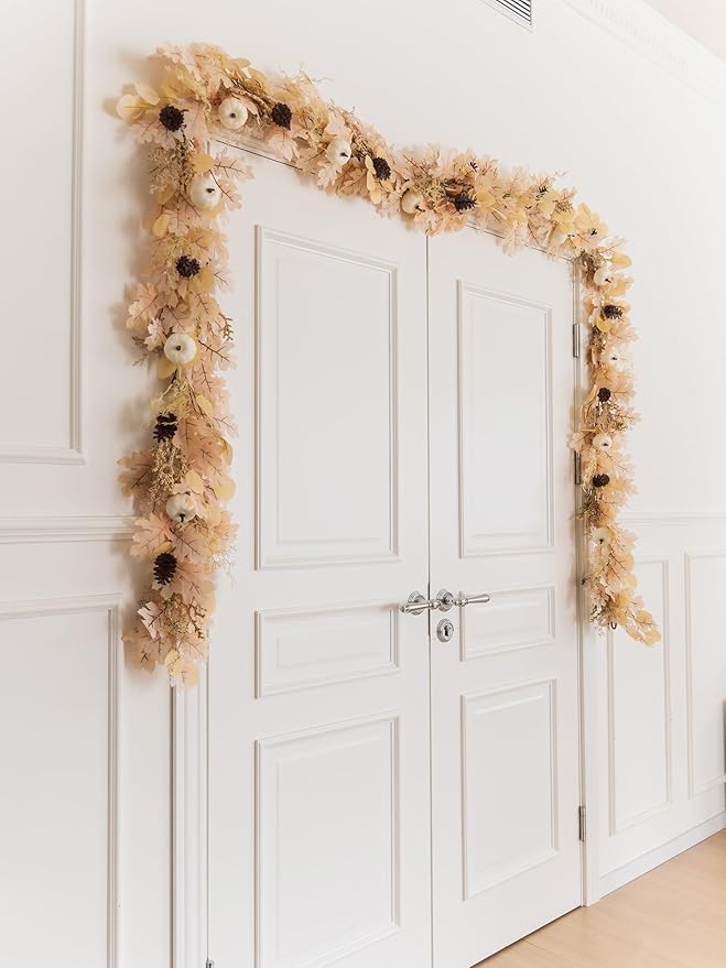 MISSPIN 6FT Boho Fall Garland, Fall Decor Autumn Maples Leaf Garland for Autumn Decor Hanging Vine for Halloween Thanksgiving Home Wedding Fireplace Party Christmas(Beige)-Ruum Studio Home