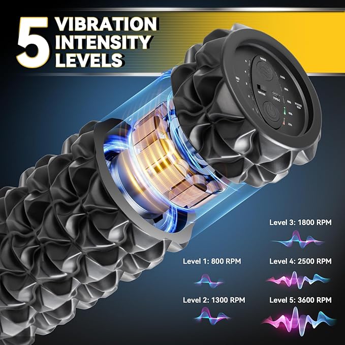 Vibrating Foam Roller, High Density Massage Muscle Roller Back Roller Foam for Back Pain Relief & Muscle Recovery and Physical Therapy, 5-Speed Rechargeable Exercise Roller, 2 Modes-Ruum Studio Home