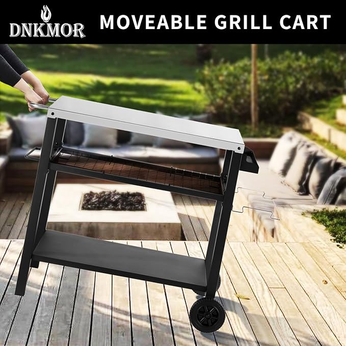 Dining Cart Table with Three Shelf, Movable Outdoor BBQ Grill Table Pizza Oven Stand with Three Hooks, Kitchen Cart Island Multifunctional Food Prep Table for Inside and Outside (Sliver)-Ruum Studio Home