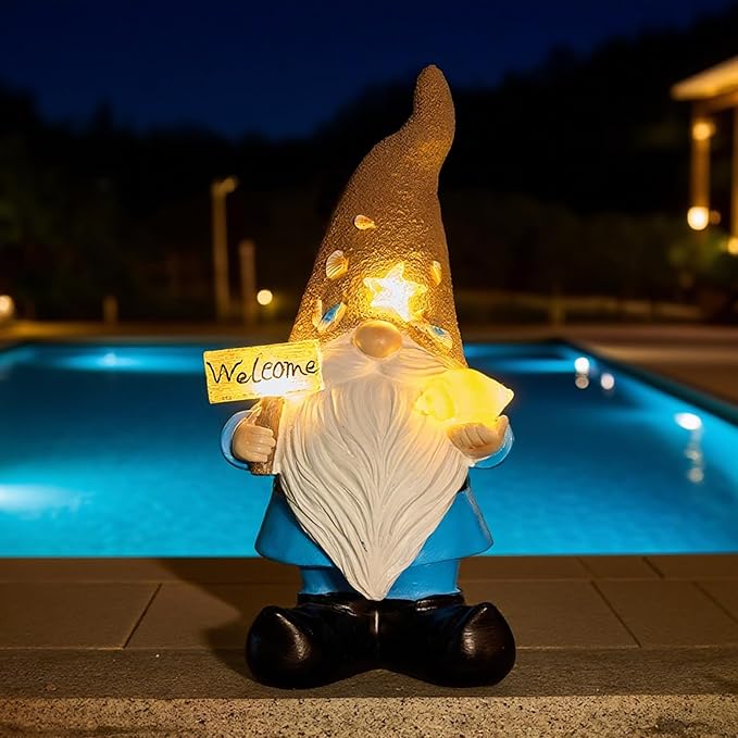 Solar Garden Gnomes Decor Outdoor Statue - Gnome Welcome Sign with LED Waterproof Sculptures Lights, Gnome Pond/Yard Statues Outside Decoration, Home, Lawn, Patio, Resin Ornament, Gardening Gift-Ruum Studio Home