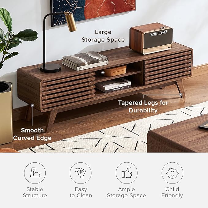 mopio Ensley TV Stand, Mid Century Modern for 55/60/65 inch TV, Farmhouse TV Stand, Entertainment Center with Storage, TV and Media Consol for Living Room (Walnut, 59")-Ruum Studio Home