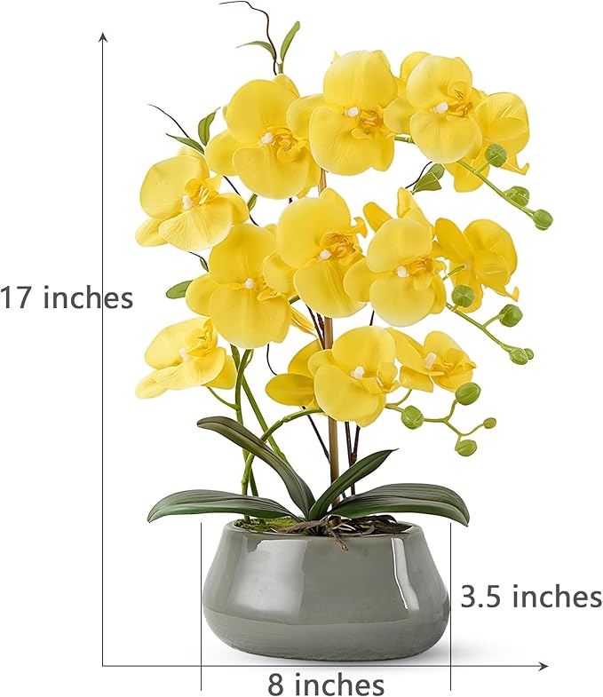 Orchid Artificial Flowers with Gray Vase Large Silk Faux Phalaenopsis Flowers for Dining Room Table Floral Centerpieces Indoor Decoration,Yellow-Ruum Studio Home