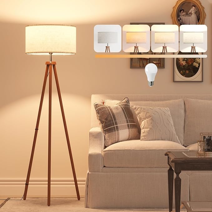 LiteHistory Wood Tripod Floor Lamps for Living Room, Bedroom, and Office,Standing lamp with Beige Linen Shade, 12W Three-Color Bulb Included, Pull Chain Switch, Tall lamp for Mothers Day Gifts, Brown-Ruum Studio Home