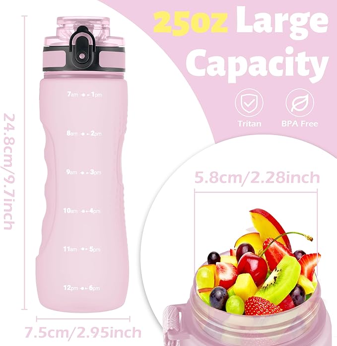 OLDLEY 25 oz Water Bottle, Motivational Water Bottle with Time Marker, Sports Water Bottle With Strap, Leakproof & BPA Free Large Water Bottles for School, Gym, Travel, Outdoor, Tritan,Pink-Ruum Studio Home