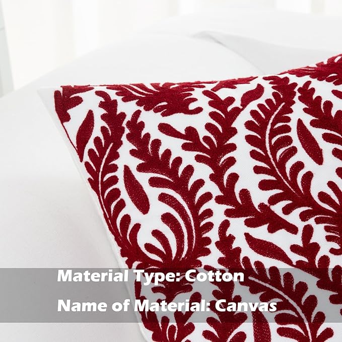 HWY 50 Burgundy Red Decorative Throw Pillow Covers 18x18 Inch (1 Piece), Embroidered Cotton Farmhouse Cushion Cover Pillow Case for Sofa Couch Living Room Bed Bedroon, Floral Branches-Ruum Studio Home