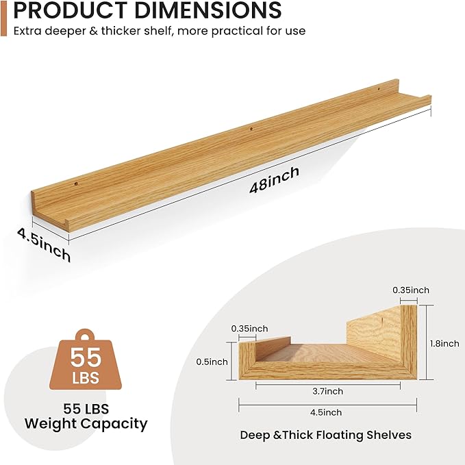 Fun Memories Picture Ledge Shelves Set of 2, 48 Inch Rustic Wall Mounted Floating Shelves with Lip for Home Storage and Décor in Bathroom, Kitchen, Nursery, Bedroom, Living Room, Oak-Ruum Studio Home