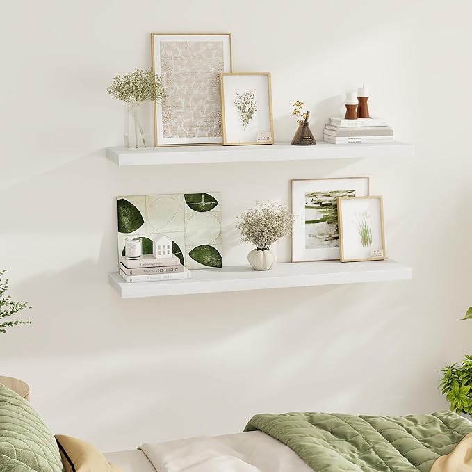 White Floating Shelves Wall Shelf 48 Inch, 8 Inch Deep Floating Shelf for Wall, Farmhouse Black Wood Shelves Invisible Bracket for Living Room, Bedroom, Kitchen, 48 x 9.3 x 1.4 Inch, Set of 2-Ruum Studio Home