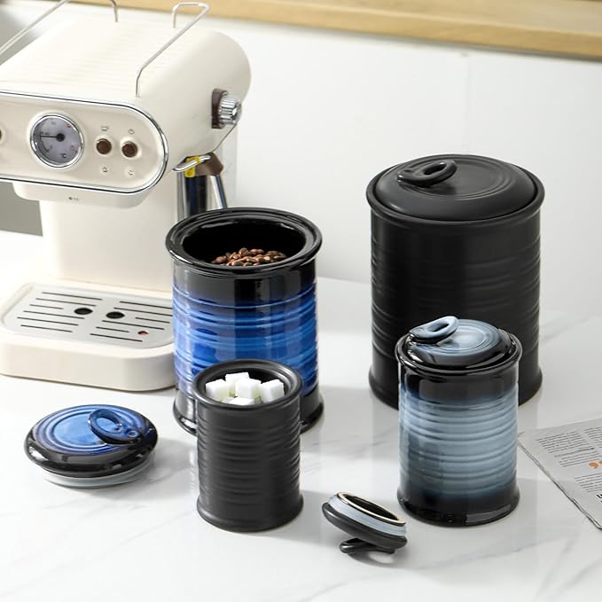 Nihow Food Storage Jar Sets: Ceramic Container with Air Tight Lid for Flour/Sugar/Rice/Coffee/Cookies/Candy - Seal Damp-proof Canister for The Kitchen Counter - Set of 4 （Matte Black）-Ruum Studio Home